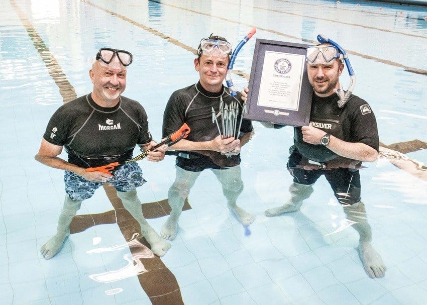 Most Spears Caught Underwater

In under a minute, Anthony Kelly of Australia caught 10 spears from 6 feet, 6 inches at the University of New England swimming pool. He was underwater and used a snorkel to accomplish the feat.
