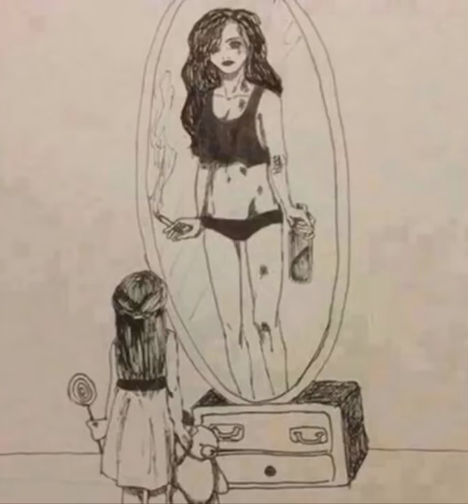modern life little girl looking in mirror drawing