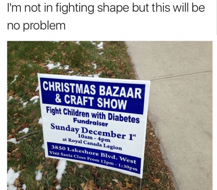 fighting kids with diabetes - I'm not in fighting shape but this will be no problem Christmas Bazaar & Craft Show Fight Children with Diabetes Fundraiser Sunday December 1" 10am 4pm at Royal Canada Legion 3850 Lakeshore Blvd, West Visit Santa Claus From 1