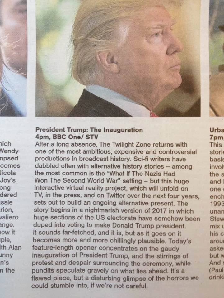 newspaper - Urba nich Vendy npsed comes licola Joy's ong dered ssie rion, valiero inge. low it ple, ith Alan inny n's n the President Trump The Inauguration 4pm, Bbc One Stv After a long absence, The Twilight Zone returns with one of the most ambitious, e