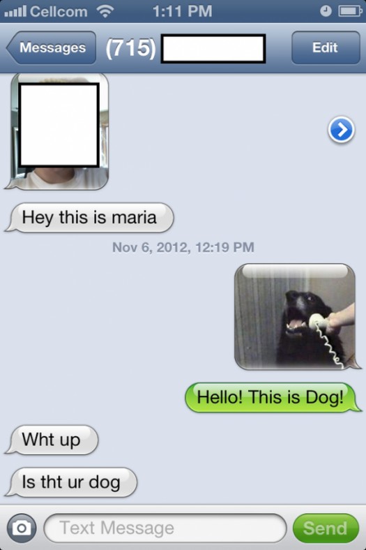 funny wrong number responses - Cellcom Messages 715 Edit Hey this is maria , Hello! This is Dog! Wht up Is tht ur dog O Text Message Send