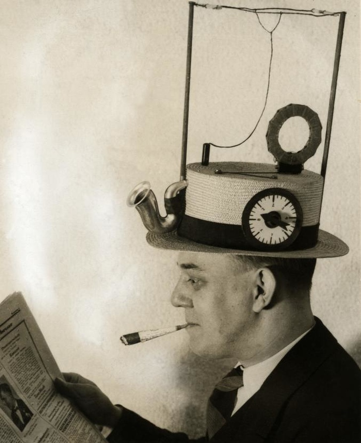 Portable radio in a straw hat, made by an American inventor, 1931