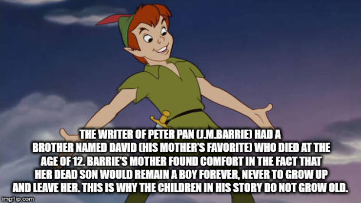 cartoon - The Writer Of Peter Pano.M.Barriej Had A Brother Named David Chis Mother'S Favoritej Who Died At The Age Of 12. Barrie'S Mother Found Comfort In The Fact That Her Dead Son Would Remain A Boy Forever. Never To Growup And Leave Her. This Is Why Th