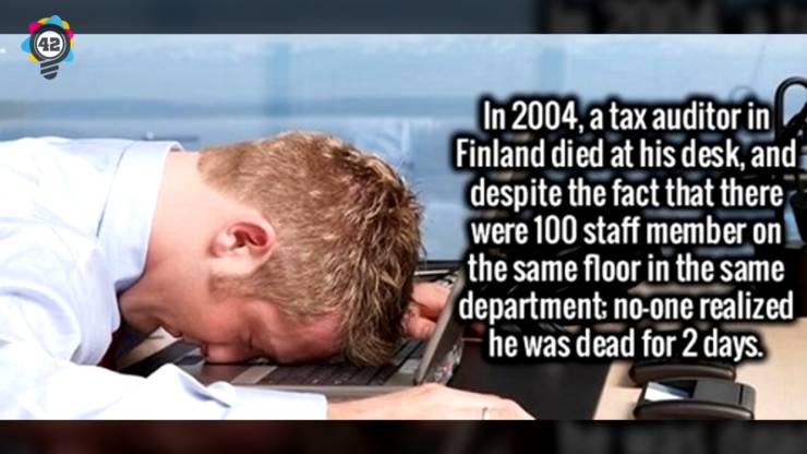 photo caption - In 2004, a tax auditor in Finland died at his desk, and despite the fact that there were 100 staff member on the same floor in the same department noone realized he was dead for 2 days.