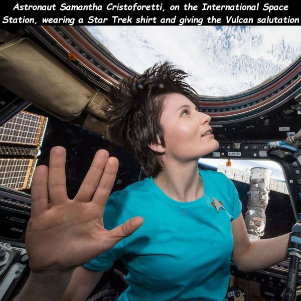 random pic samantha cristoforetti - Astronaut Samantha Cristoforetti, on the International Space Station, wearing a Star Trek shirt and giving the Vulcan salutation W Ge Choice Sttila