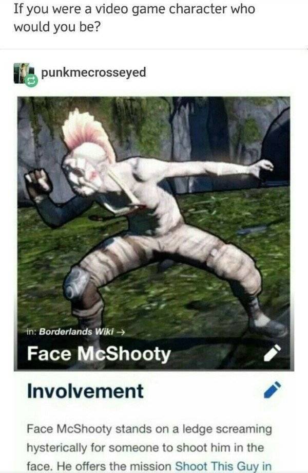 borderlands 2 memes - If you were a video game character who would you be? punkmecrosseyed An in Borderlands Wiki Face McShooty Involvement Face McShooty stands on a ledge screaming hysterically for someone to shoot him in the face. He offers the mission 
