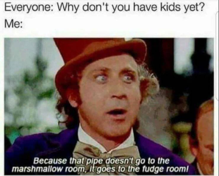 best memes - Everyone Why don't you have kids yet? Me Because that pipe doesn't go to the marshmallow room, it goes to the fudge room!