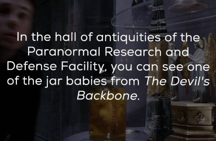 darkness - In the hall of antiquities of the Paranormal Research and Defense Facility, you can see one of the jar babies from The Devil's Backbone.