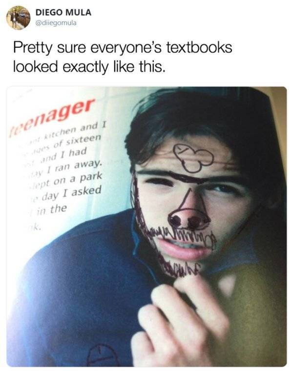 Funny middle school meme - mouth - Diego Mula Pretty sure everyone's textbooks looked exactly this. reenager kitchen and I of sixteen and I had I ran away. ppt on a park day I asked in the Am