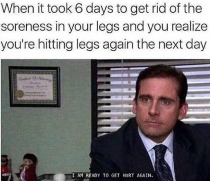 office memes - When it took 6 days to get rid of the soreness in your legs and you realize you're hitting legs again the next day I Am Ready To Get Hurt Again.