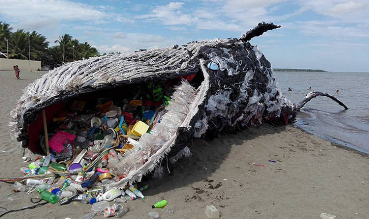 Trashy art exhibits - whale with plastic in stomach