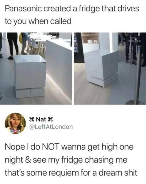 420 Memes - walking fridge - Panasonic created a fridge that drives to you when called H Nat Nope I do Not wanna get high one night & see my fridge chasing me that's some requiem for a dream shit