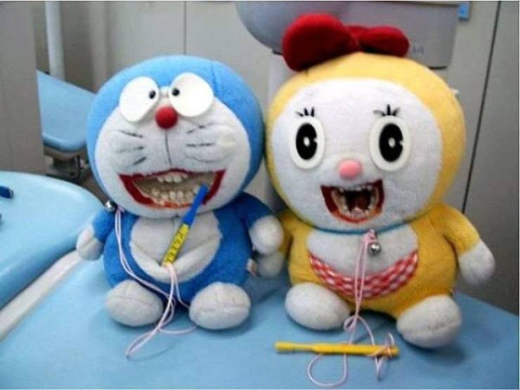 creepy doraemon plushies to teach oral hygiene