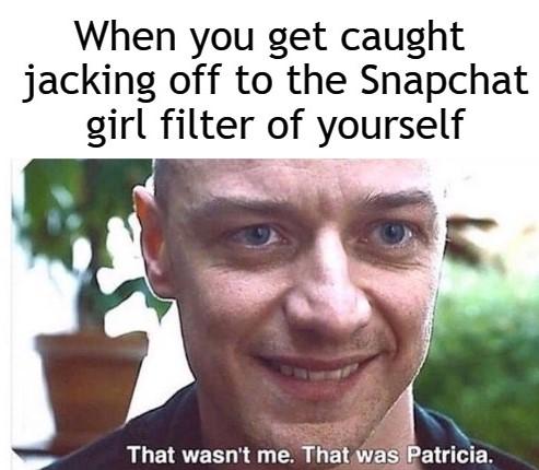 snapchat filter split memes - When you get caught jacking off to the Snapchat girl filter of yourself That wasn't me. That was Patricia.