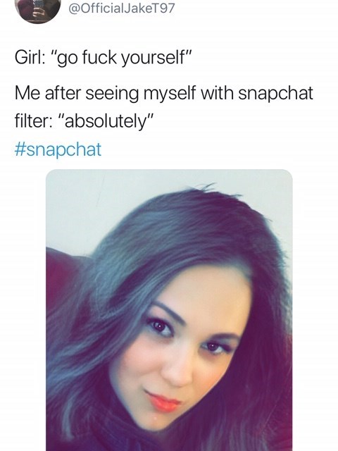 snapchat filter snapchat girl filter meme - Girl "go fuck yourself" Me after seeing myself with snapchat filter "absolutely"