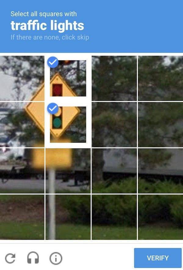 tree - Select all squares with traffic lights If there are none, click skip co Verify