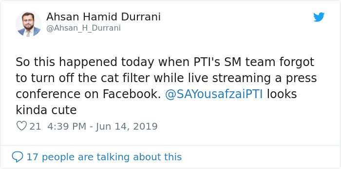 Pakistani Government Officials Accidentally Turn On Cat Filter During Facebook Live