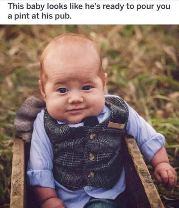 funny memes -pub baby - This baby looks he's ready to pour you a pint at his pub.