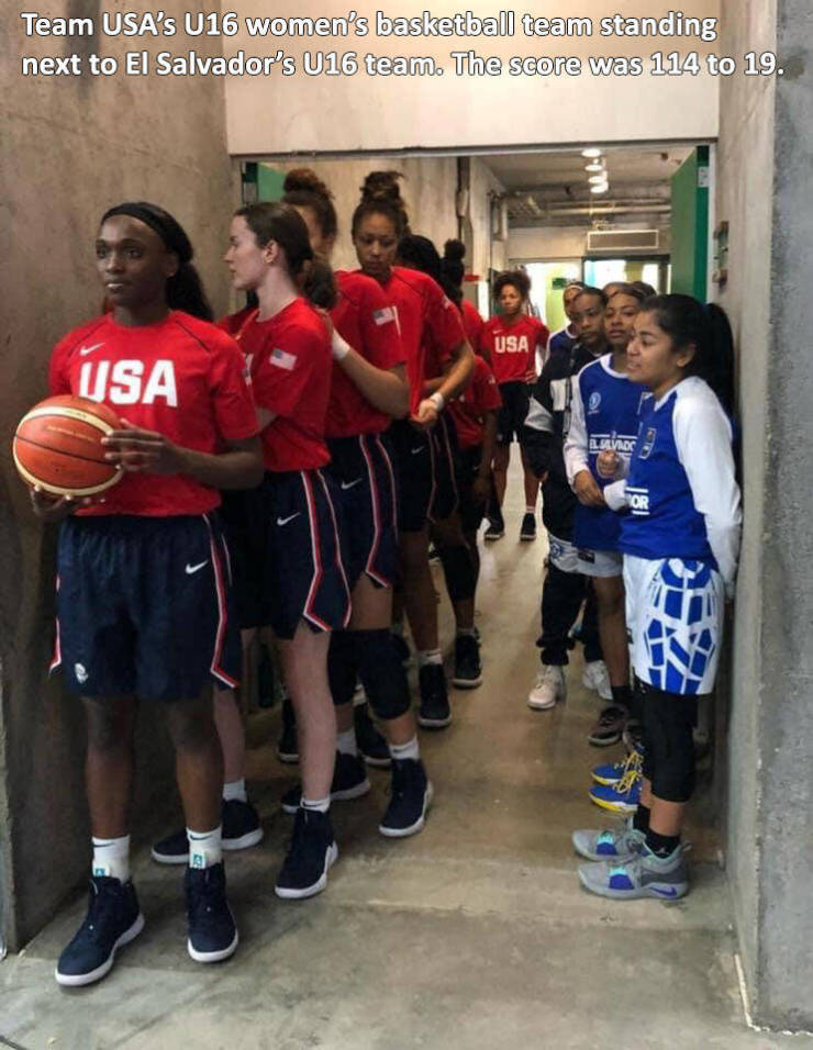 Basketball - Team Usa's U16 women's basketball team standing next to El Salvador's U16 team. The score was 114 to 19. Usa Usa