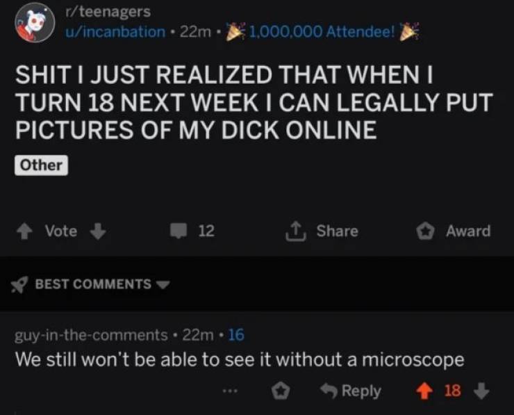 savage comebacks - Shit I Just Realized That Whent Turn 18 Next Week I Can Legally Put Pictures Of My Dick Online Other Vote 12 | Award Best guyinthe 22m. 16 We still won't be able to see it without a microscope