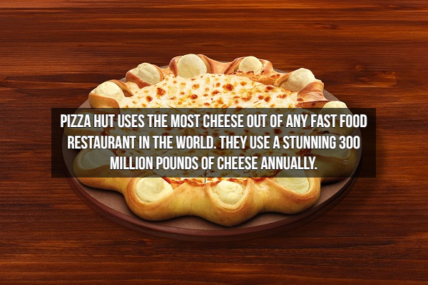 dish - Pizza Hut Uses The Most Cheese Out Of Any Fast Food Restaurant In The World. They Use A Stunning 300 Million Pounds Of Cheese Annually.