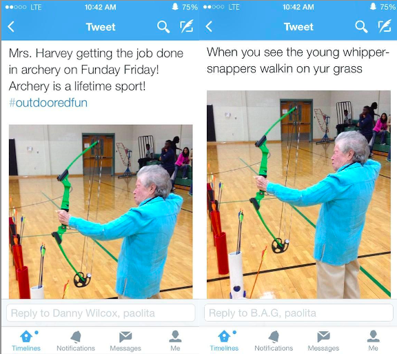 white people twitter vs black people twitter - o0o Lte 1 75% 500 Lte Tweet & 75% art Tweet When you see the young whipper snappers walkin on yur grass Mrs. Harvey getting the job done in archery on Funday Friday! Archery is a lifetime sport! to Danny Wilc