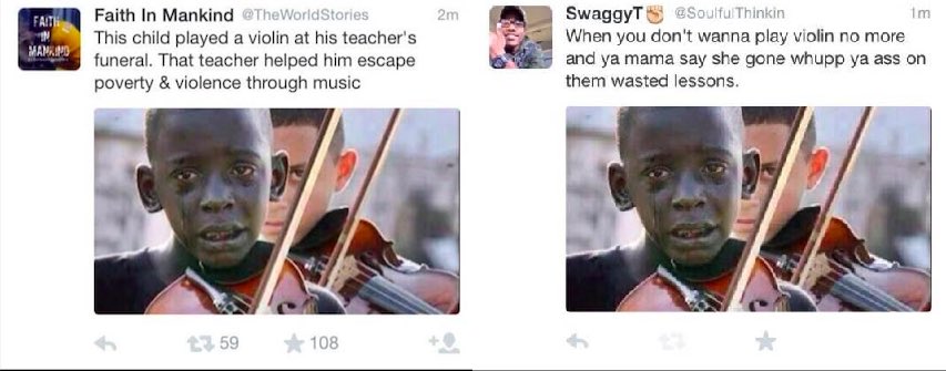 black twitter vs white twitter - 2m im Man Faith In Mankind World Stories This child played a violin at his teacher's funeral. That teacher helped him escape poverty & violence through music Swaggyt esoulfu Thinkin When you don't wanna play violin no more