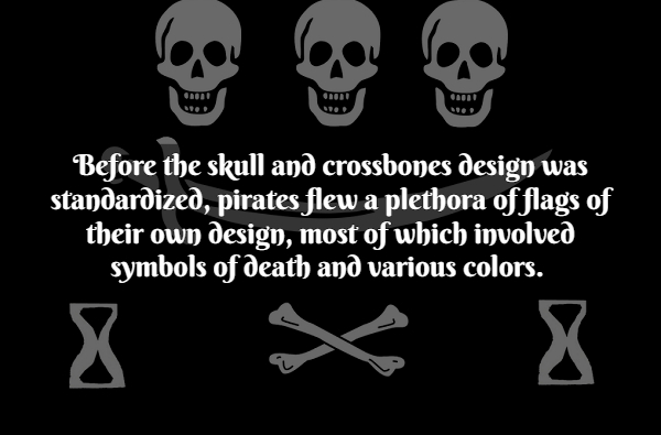 Pirate Facts - pirate flag - Before the skull and crossbones design was standardized, pirates flew a plethora of flags of their own design, most of which involved symbols of death and various colors. 8 X 8