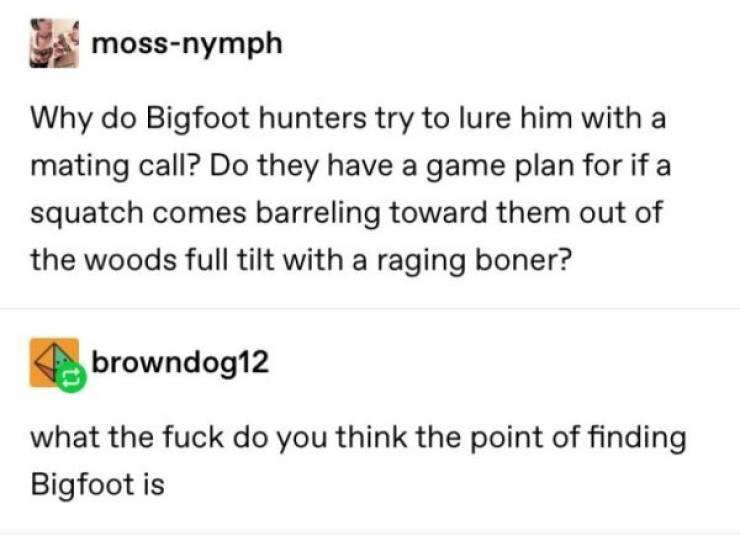 Bigfoot - Sa mossnymph Why do Bigfoot hunters try to lure him with a mating call? Do they have a game plan for if a squatch comes barreling toward them out of the woods full tilt with a raging boner? browndog12 what the fuck do you think the point of find