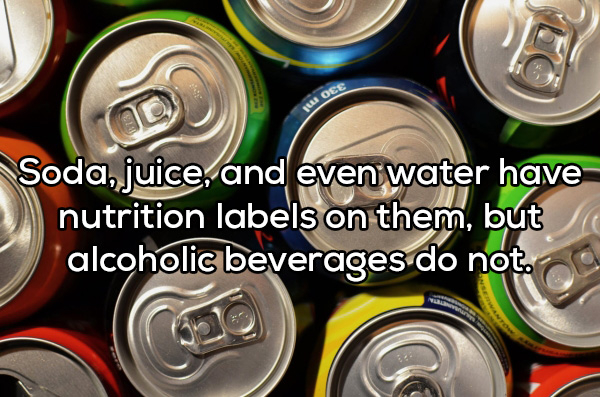 Juoee Soda, juice, and even water have nutrition labels on them, but alcoholic beverages do not. Co