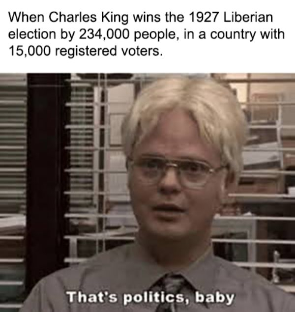 dwight schrute blonde hair - When Charles King wins the 1927 Liberian election by 234,000 people, in a country with 15,000 registered voters. Di Itil Itti That's politics, baby
