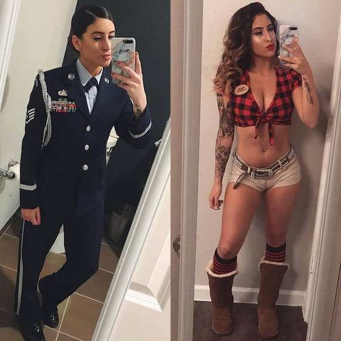 female in and out of uniform