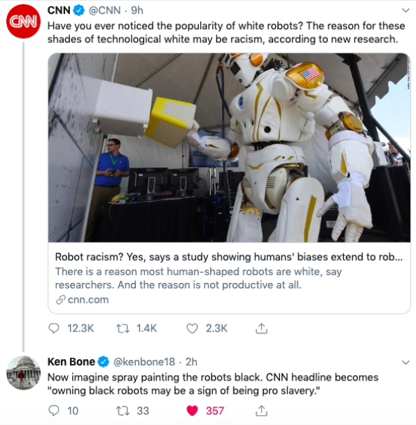 white robots are racist - Cnn Cnn 9h Have you ever noticed the popularity of white robots? The reason for these shades of technological white may be racism, according to new research. Robot racism? Yes, says a study showing humans' biases extend to rob...