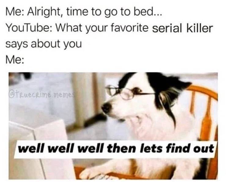 well well let's find out meme - Me Alright, time to go to bed... YouTube What your favorite serial killer says about you Me meme well well well then lets find out