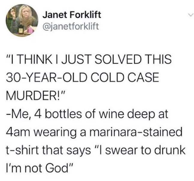 document - Janet Forklift "I Think I Just Solved This 30YearOld Cold Case Murder!" Me, 4 bottles of wine deep at 4am wearing a marinarastained tshirt that says "I swear to drunk I'm not God"