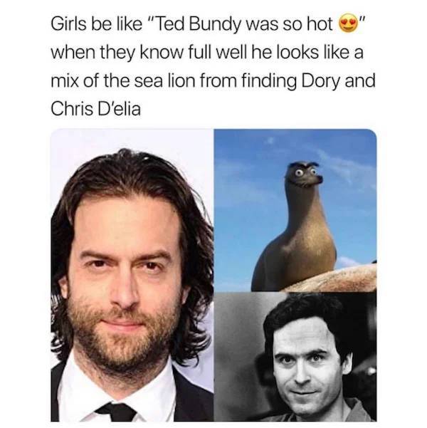 ted bundy memes - Girls be "Ted Bundy was so hot when they know full well he looks a mix of the sea lion from finding Dory and Chris D'elia