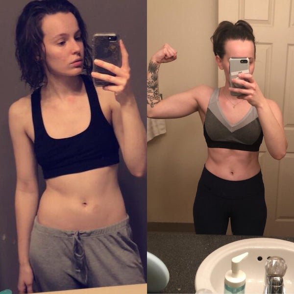 “25 pounds gained. Before I could barely finish a meal, I was too stressed to. To tired to work out. Now I’m squatting my current weight and deadlifting my old weight. Mental and physical health is possible ❤️ Taken one year apart.”