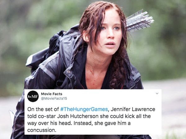 jennifer lawrence hunger games - 150 Me Movie Facts On the set of Games, Jennifer Lawrence told costar Josh Hutcherson she could kick all the way over his head. Instead, she gave him a concussion