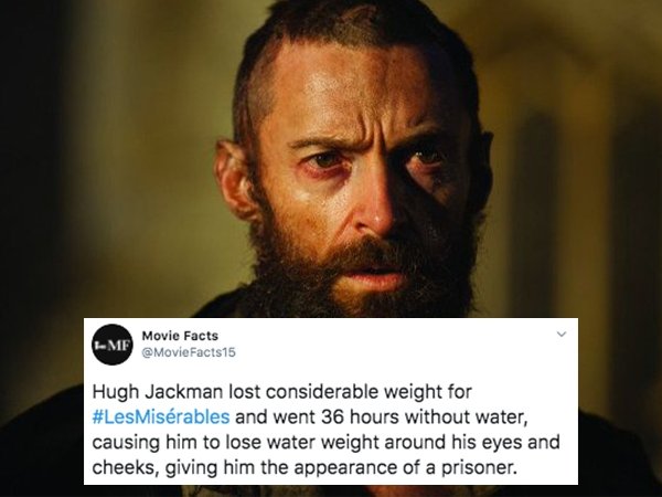 jean valjean beard - Me Movie Facts Hugh Jackman lost considerable weight for Misrables and went 36 hours without water, causing him to lose water weight around his eyes and cheeks, giving him the appearance of a prisoner.