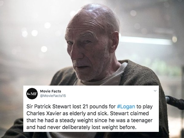 logan x men charles xavier - Movie Facts Mf Sir Patrick Stewart lost 21 pounds for to play Charles Xavier as elderly and sick. Stewart claimed that he had a steady weight since he was a teenager and had never deliberately lost weight before.