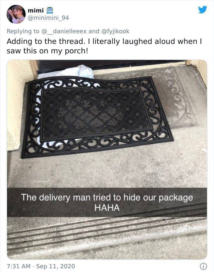 floor - mimi og and Adding to the thread. I literally laughed aloud when I saw this on my porch! The delivery man tried to hide our package Haha