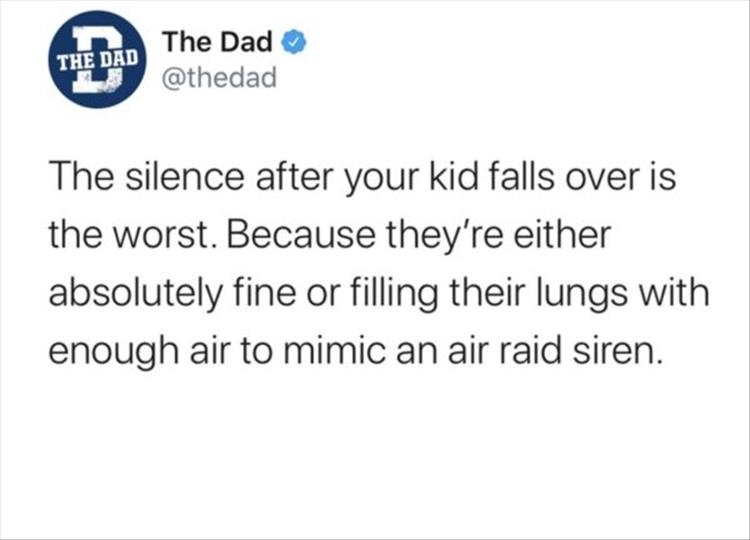 The silence after your kid falls over is the worst. Because they're either absolutely fine or filling their lungs with enough air to mimic an air raid siren.