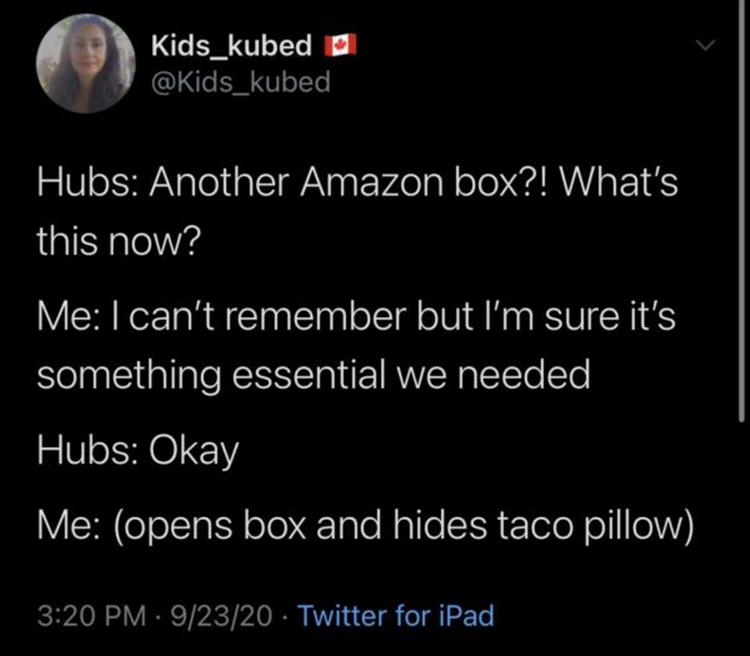 Hubs Another Amazon box?! What's this now? Me I can't remember but I'm sure it's something essential we needed Hubs Okay Me opens box and hides taco pillow