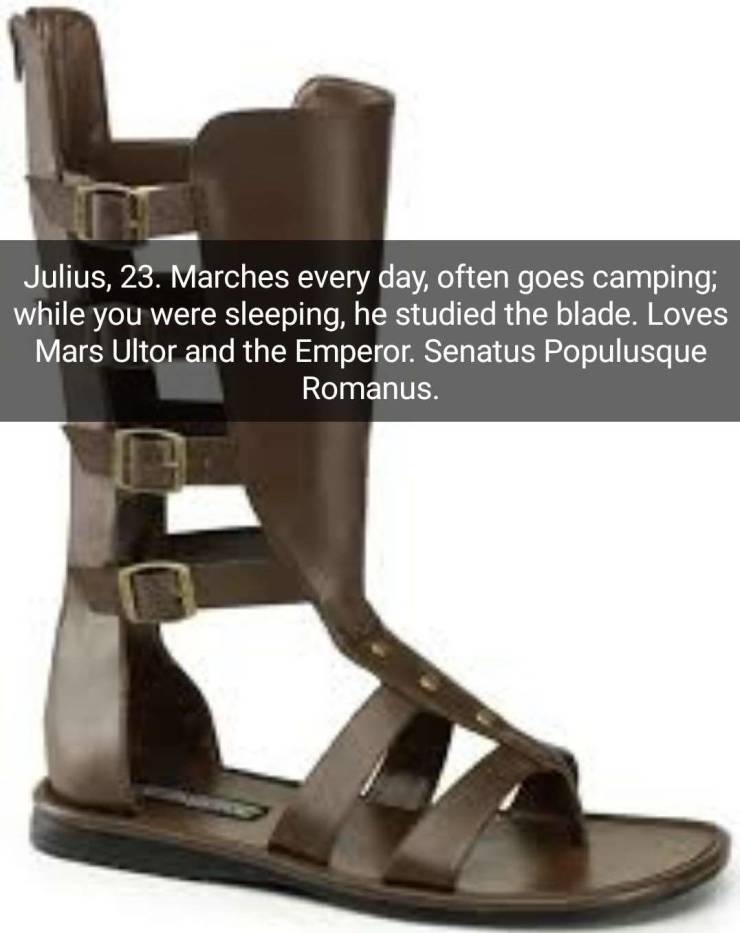 spartan sandals mens - Julius, 23. Marches every day, often goes camping; while you were sleeping, he studied the blade. Loves Mars Ultor and the Emperor. Senatus Populusque Romanus.