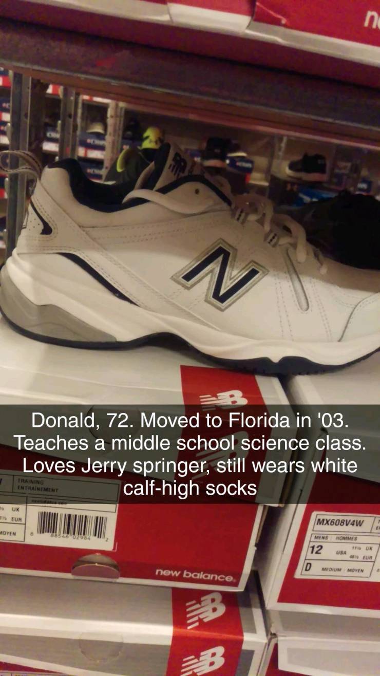 shoe - no N Donald, 72. Moved to Florida in '03. Teaches a middle school science class. Loves Jerry springer, still wears white calfhigh socks Training Entrainement Uk Eur MX608V4W Moyen 3854602184 Mens Hommes 12 Usa D new balance. Medium Moven