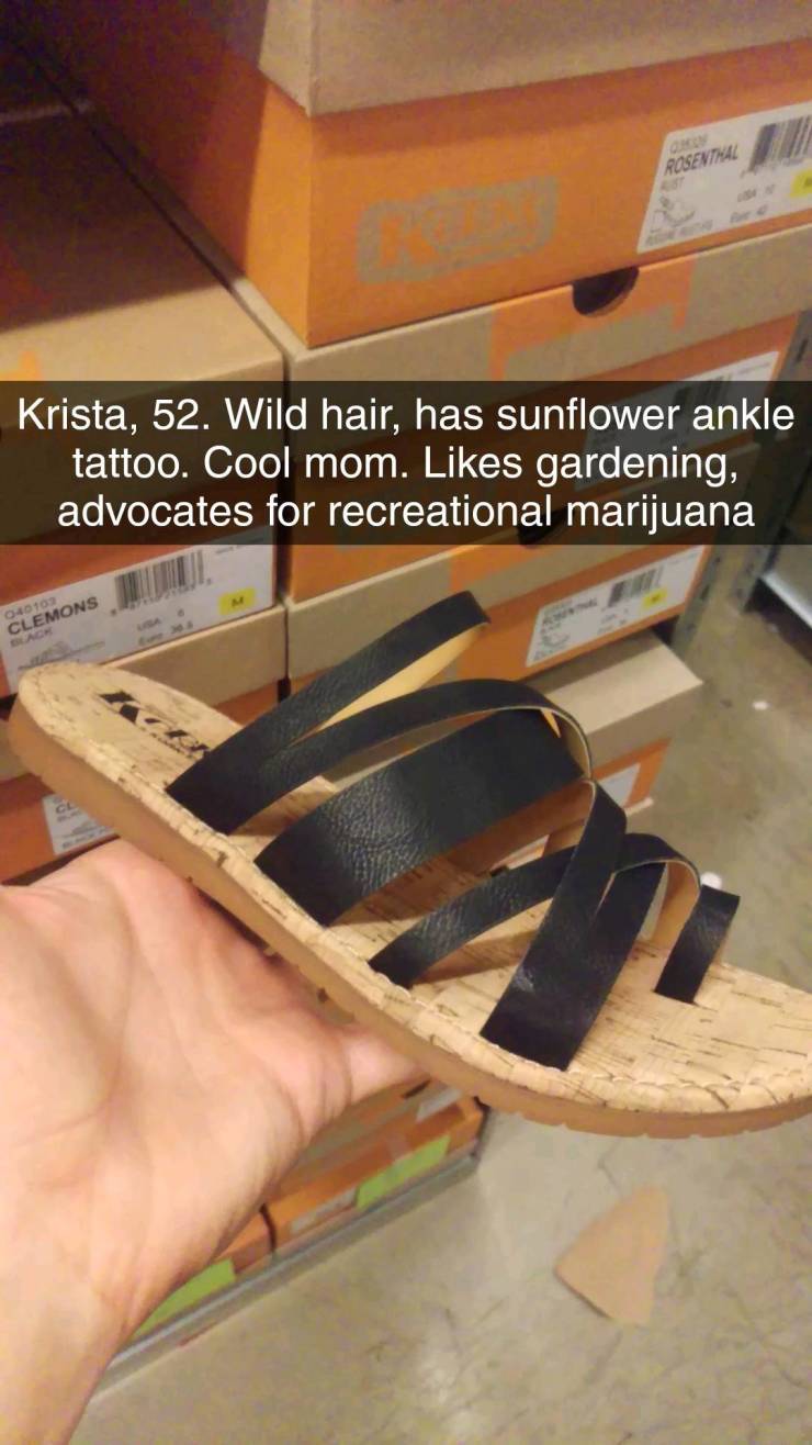 Shoe - Rosenthal Krista, 52. Wild hair, has sunflower ankle tattoo. Cool mom. gardening, advocates for recreational marijuana 040102 Clemons