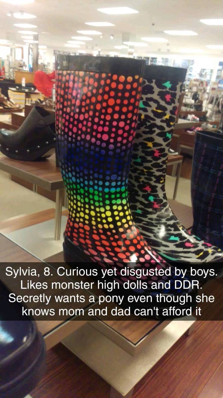 shoe personality meme - Sylvia, 8. Curious yet disgusted by boys. monster high dolls and Ddr. Secretly wants a pony even though she knows mom and dad can't afford it