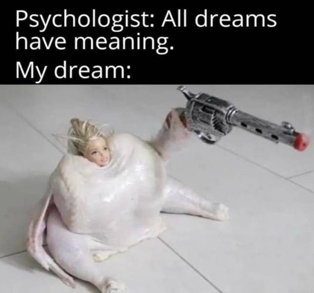 funny memes -- psychologist: all dreams have meaning. my dream: barbie doll head raw chicken holding toy gun