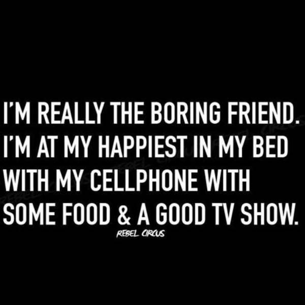 funny memes - I'M Really The Boring Friend. I'M At My Happiest In My Bed With My Cellphone With Some Food & A Good Tv Show.