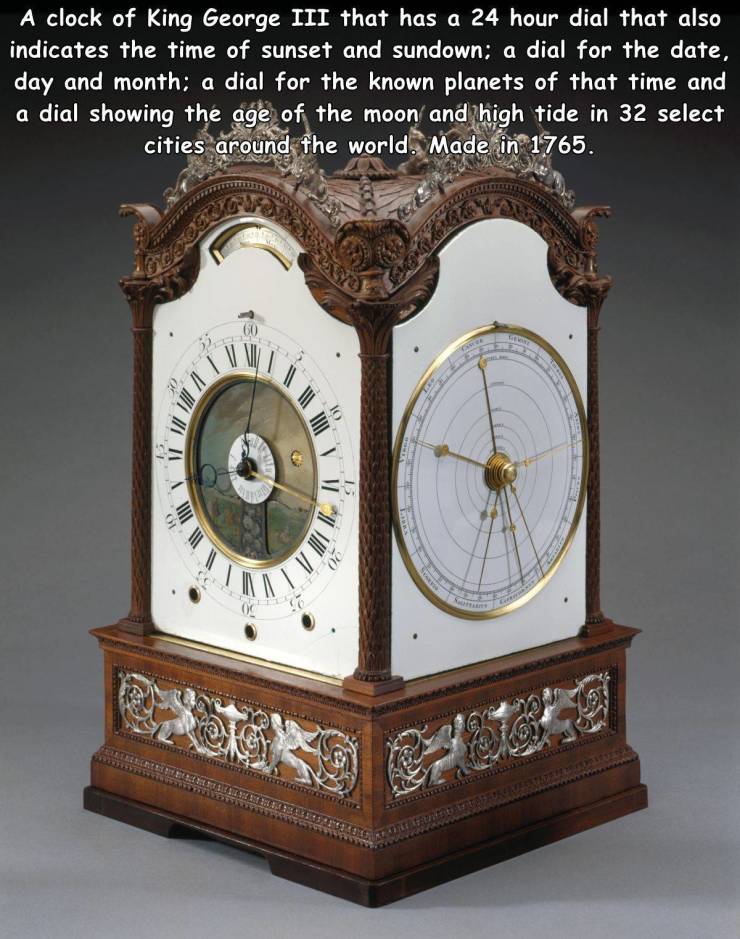 king george iii clock - A clock of King George Iii that has a 24 hour dial that also indicates the time of sunset and sundown; a dial for the date, day and month; a dial for the known planets of that time and a dial showing the age of the moon and high ti